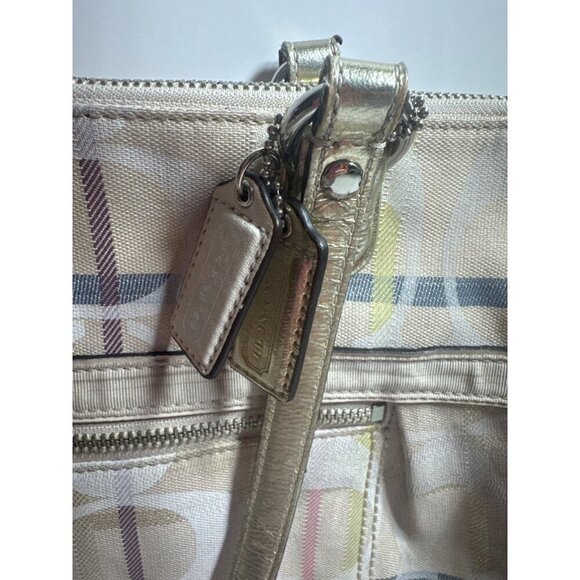 Coach Poppy Tattersall Signature Plaid Tote Bag Metallic Leather Trim 19871 15” - Picture 2 of 11